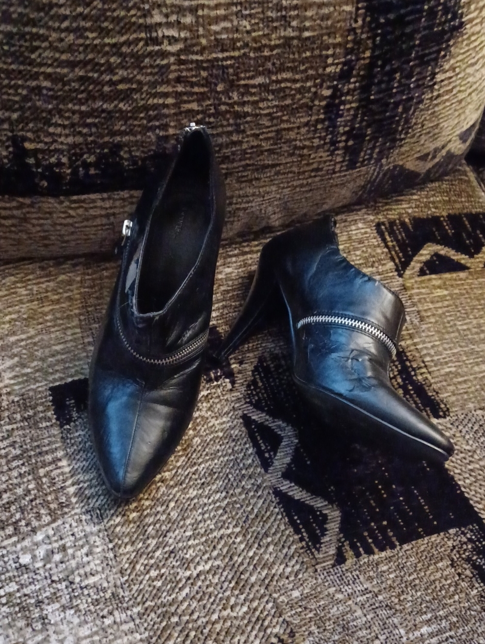 Free Add-on Pointed Black Leather-Look Ankle Heels with Zipper Trim - Size 8